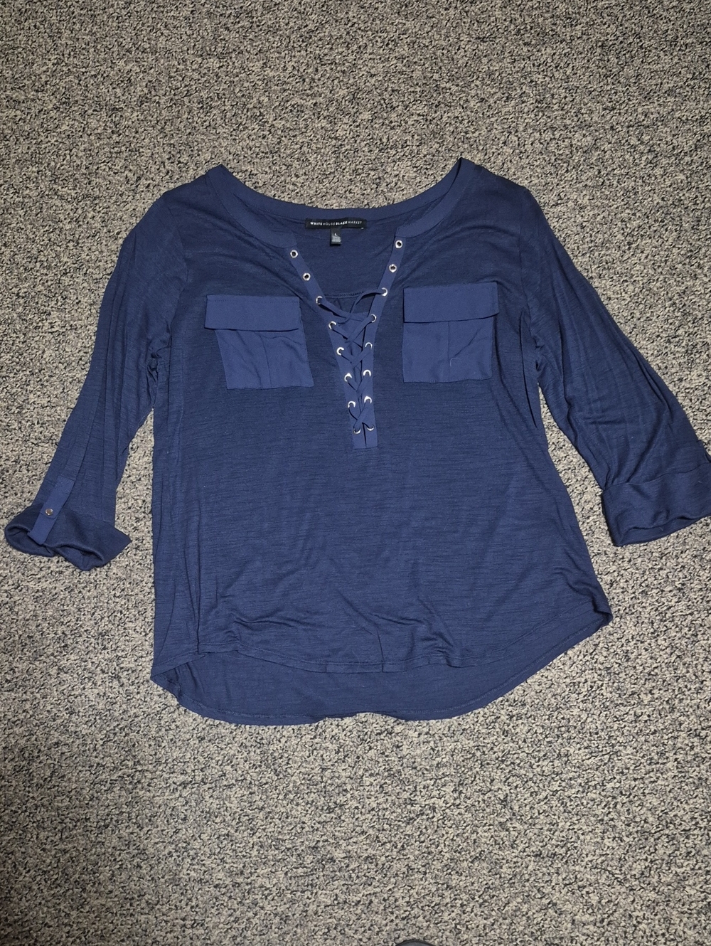 White House Black Market Navy Lace-Up Pocket Top